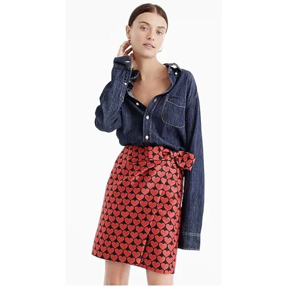 J. Crew Faux Wrap Skirt Jacquard Heart Mini Electric Red Black Bow 8 Lin… - Picture 2 of 6